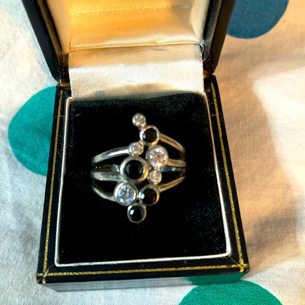 Black onyx & white topaz multi band ring